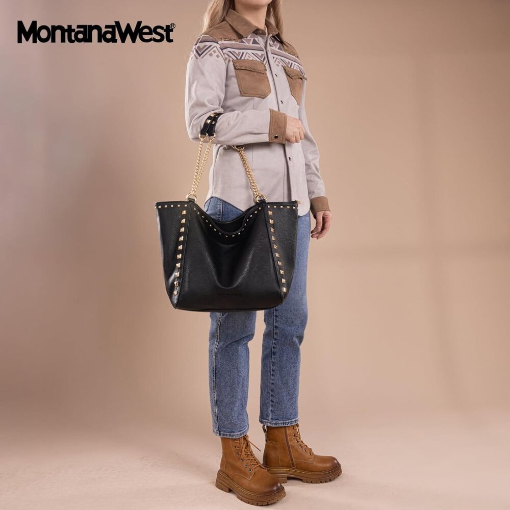 Montana West Women's  Xl-black Vegan Leather Large  Oversized Chain Tote Bag - Picture 2 of 6